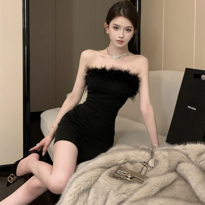 Akimu 여자 튜브탑 미니원피스 슬림핏 A라인 스커트 파티 드레스