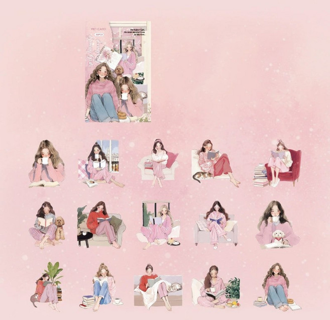 올리브파티 책읽는소녀 시리즈 감성 빈티지 인물 소녀 다꾸 스티커 30p 세트, 1개, 핑크