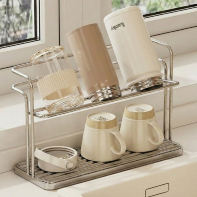 제나모라 스텐/화이트 논슬립 2단 컵 건조대 물빠짐 텀블러 거치대, 1개, 스텐