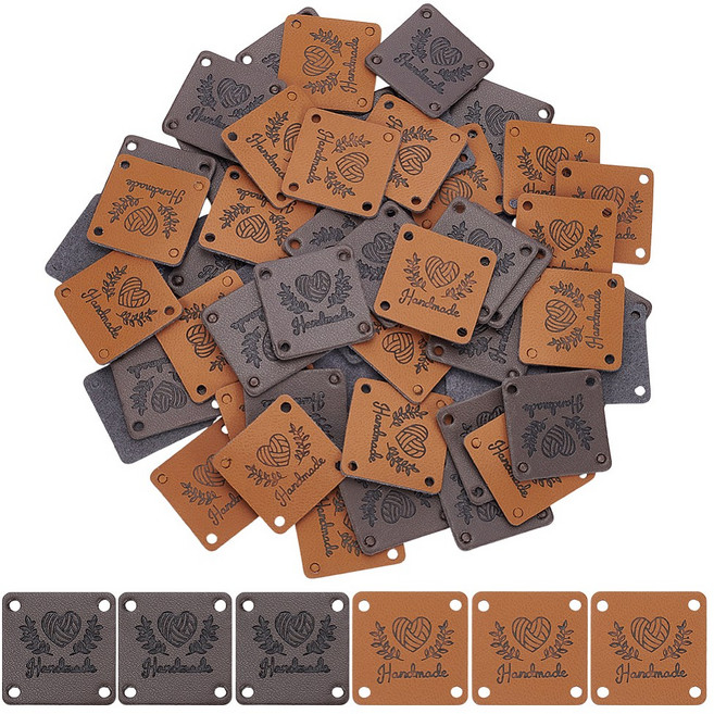 60개 DIY 청바지 가방 신발 모자 액세서리용 인조 가죽 라벨 태그 2종 세트 정사각형 25x25x1mm 구멍 크기: 2.5mm, 혼합색