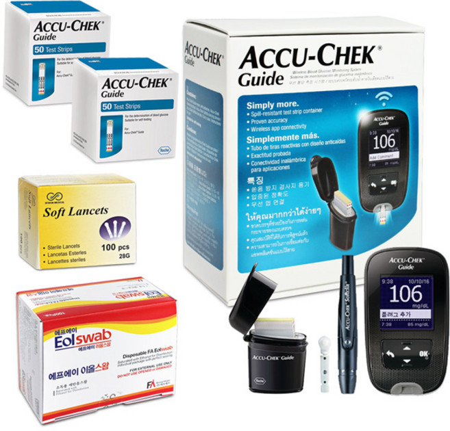 로슈 아큐첵 가이드 혈당계 + 혈당시험지 100T + 호환침 100개 + 알콜솜 100개, 1개