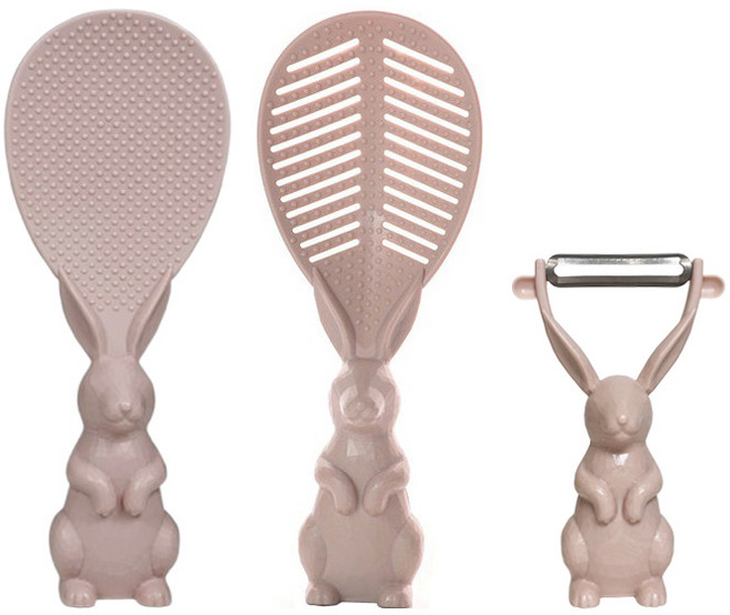 레몬글라스 세워놓고 쓰는 밥알이 덜 붙는 쁘띠래빗 스탠딩 토끼 주걱 + 채반주걱 + 감자칼 3종 세트 BPA FREE 국내생산, 핑크, 1개, 주걱+채반주걱+감자칼
