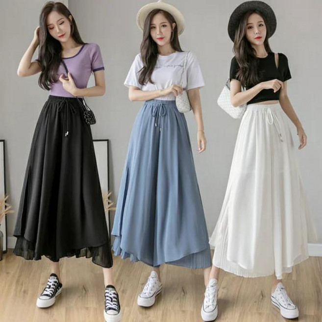 【shiny藍格子】純色高腰顯瘦垂感闊腿九分褲裙 S~XL