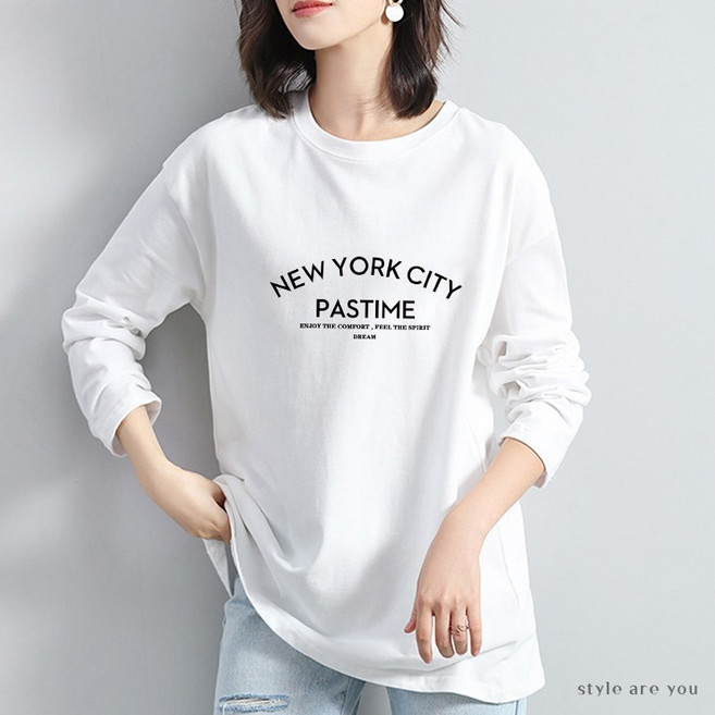 스타일아유 여성용 레터링 오버핏 라운드넥 긴소매 티셔츠 TS023A