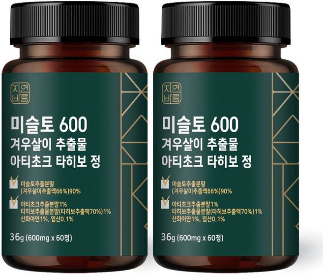 자연바름 미슬토 겨우살이 추출물 정 아티초크 타히보 아연 엽산 함유, 60정, 2개
