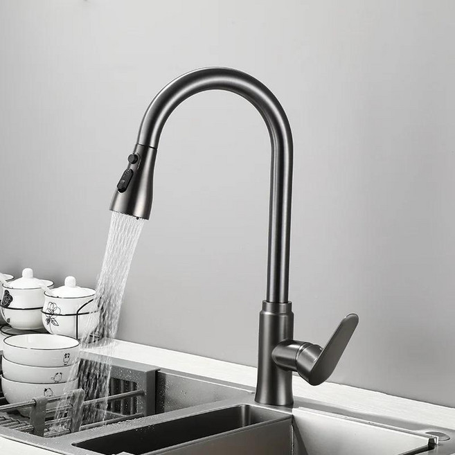 회색 풀 아웃 주방 싱크 수도꼭지 모델 스트림 스프레이 노즐 물 믹서 탭 데크, 1개