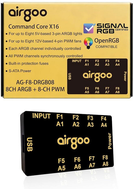 Airgoo Command Core X16 마그네틱 8채널 ARGB 컨트롤러 및 8채널 PWM 팬 허브 2 in 1 컴팩트 SATA 전원 PC 조명 및 팬 허브 미드타워, Airgoo Command Core X16, 마그네틱
