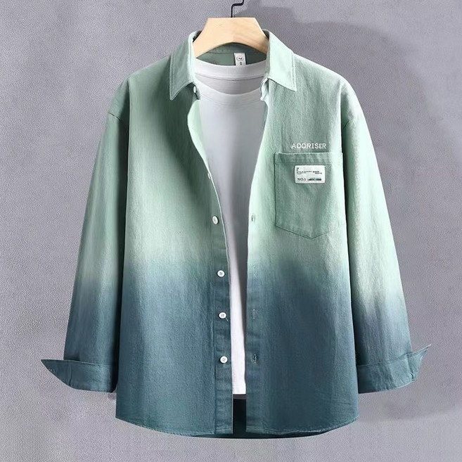 남성용 트렌디 긴팔 셔츠 봄가을 패션 그라데이션 남방 코트 사계절 캐주얼 루즈핏 셔츠 상의 WMY