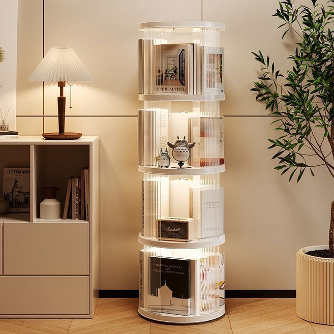 360도 회전 투명 아크릴 책장 2~5단 원형 사각 대용량 거실 서재 사무실 인테리어, 4단