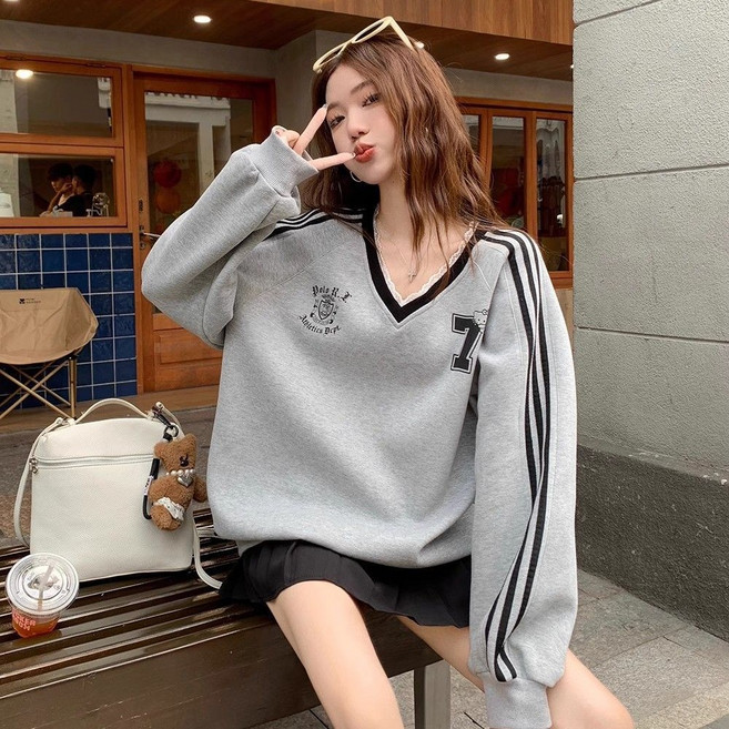 Pakchoice 오버사이즈 레터링 프린트 후디 레이스 배색 브이넥 긴팔 여성용 루즈핏 스웨트셔츠