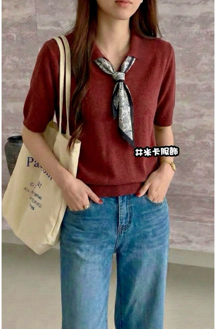 MIKA米卡 絲巾針織衫 韓系短袖針織衫 娃娃領女裝