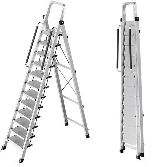 안전 사다리 접이식 스텝 발판 스텐 계단식 작업용 알루미늄 논슬립 손잡이 12단 다기능 접이식 사다리, 알루미늄 논슬립 12단