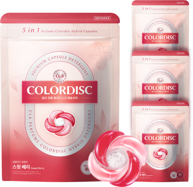 CLA 5in1 퍼퓸 컬러디스크 하이브리드 캡슐 세탁세제 스윗베리, 40개입, 4개