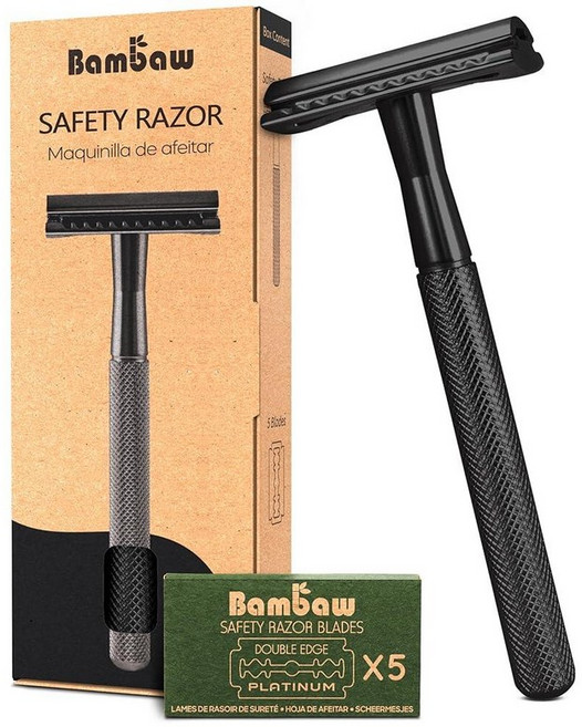 5개의 안전 면도날이 있는 밤보 더블 에지 면도기 스탠드가 블랙 면도기 싱글 블레이드 - 남성용, 1개