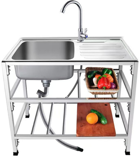 Farry 간이 이동식 싱크대 세면대 스텐 업소용싱크대 주방싱크대 싱크대개수대 + 세면대수전 세트, 은색