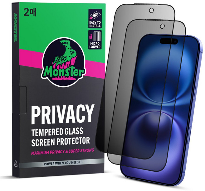 몬스터 사생활보호 슈퍼강력 강화유리 휴대폰 액정보호필름 2매 + 똥손탈출 부착틀, 1세트