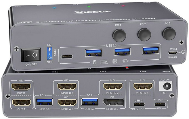 KCEVE 15-in-1 USB C 도킹 스테이션 KVM 스위치 3.0 스위치 2 노트북 모니터 4K@60Hz USB-C MST 포트 2개 듀얼 HDMI 출력 80W PD, 1 4K USB C KVM 2 PC 1 Laptop 2