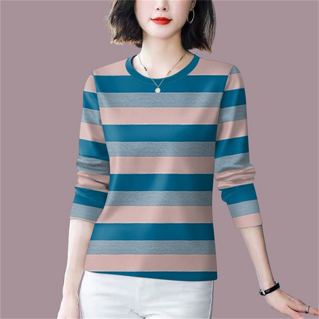 Vezri 여성 스트라이프 긴팔 티셔츠 캐주얼 라운드넥 봄가을 편안한 상의