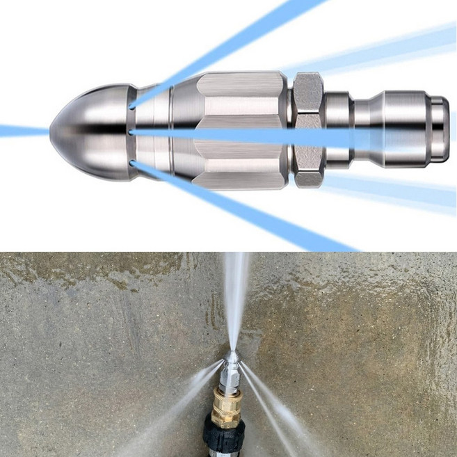 쿠종 고압세척기 하수구 막힘 배관 청소용 1/4인치 커플러 스테인레스 노즐 전면+후면 분사, 1개