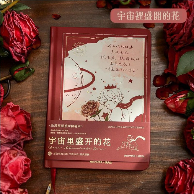 RAYRAYGO 紙先生 B6 筆記本【玫瑰星願系列】4款 燙金封面 花卉插畫 全彩內頁 硬殼精裝記事本, 1個, 宇宙裡盛開的花-紅, 宇宙裡盛開的花-紅