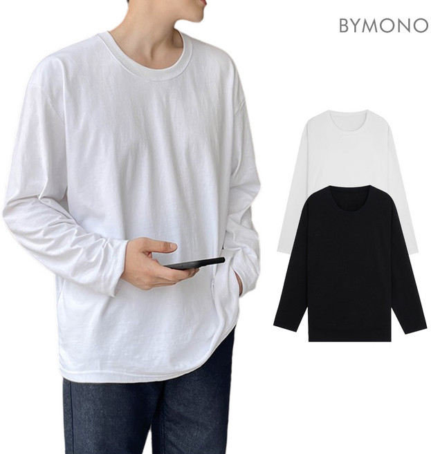 M~6XL 바이모노 꼭꼭숨티 빅사이즈 남자 긴팔 티셔츠 남성 옷 무지티 베이직 오버핏 라운드 화이트 블랙 M L XL 2XL 3XL 4XL 5XL 6XL