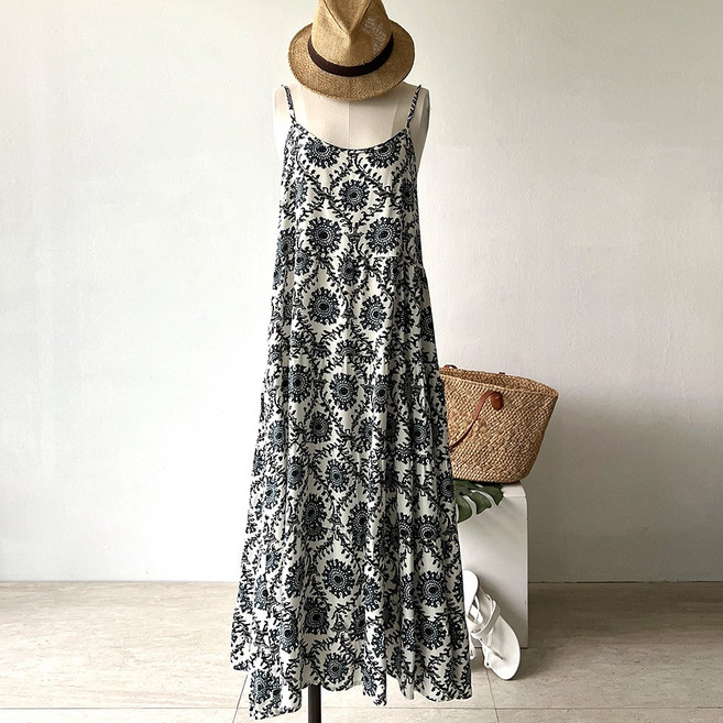 네모엔룩 뷔스티에 여성용 패턴 나염 휴가룩 비치웨어 끈조절 레이어드룩 민소매 나시 롱 원피스