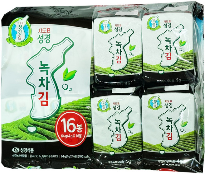 [성경김본사] 지도표성경 녹차 식탁김 4gx16봉x3개(총48봉), 64g, 48개