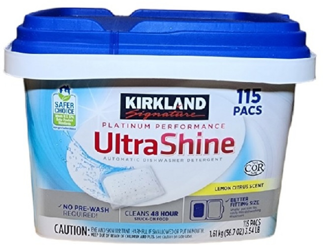 Kirkland Signature 울트라샤인 디쉬워셔 레몬 시트러스 115 팩 세제 식기세척기 접시, 1.61kg, 2개