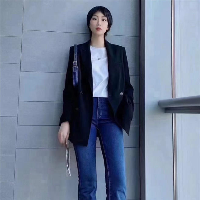 哥家新款女裝2024春秋休閒純色西裝外套女黑色職業西服女1400488