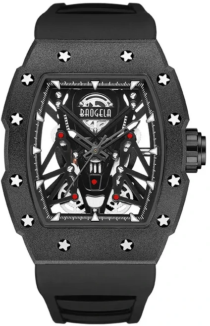 스포티 캐주얼 남성용 시계 스테인리스 스틸 톤노 케이스 홀로우 아웃 다이얼 발광 기능 패션 실리콘 스트, 06 Black