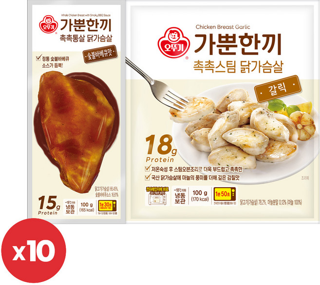 오뚜기 가뿐한끼 촉촉스팀 닭가슴살 갈릭 100g 10개+촉촉통살 닭가슴살 숯불바베큐맛 100g 10개(총 20개), 1세트, 2kg