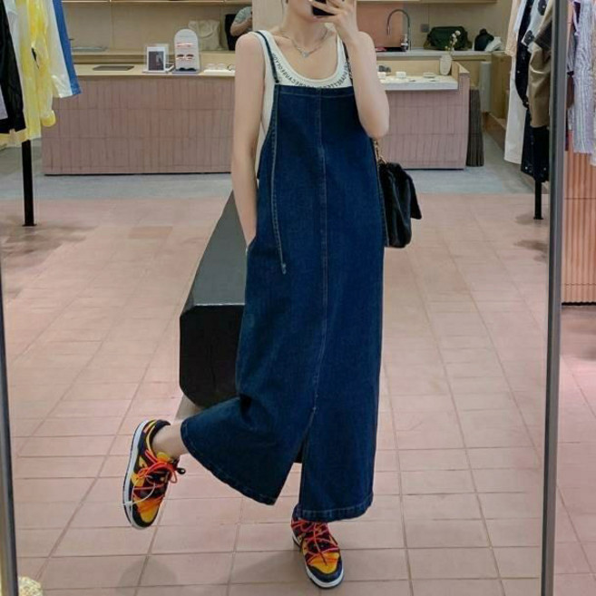 여성용 와이드 데님 나시 트임 롱 멜빵 청원피스
