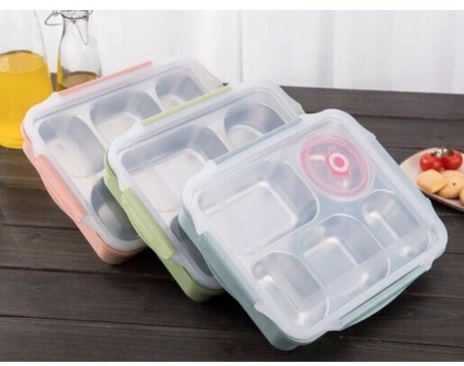 北歐風 304不銹鋼 五格分隔便當盒 附贈密封湯碗 (顏色隨機), 1個