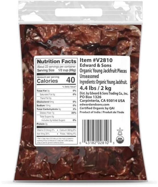 Edward & Sons 유기농 비건 고기 없는 대체 어린 잭프루트 무양념 2kg(4.5파운드), 1개, 2kg