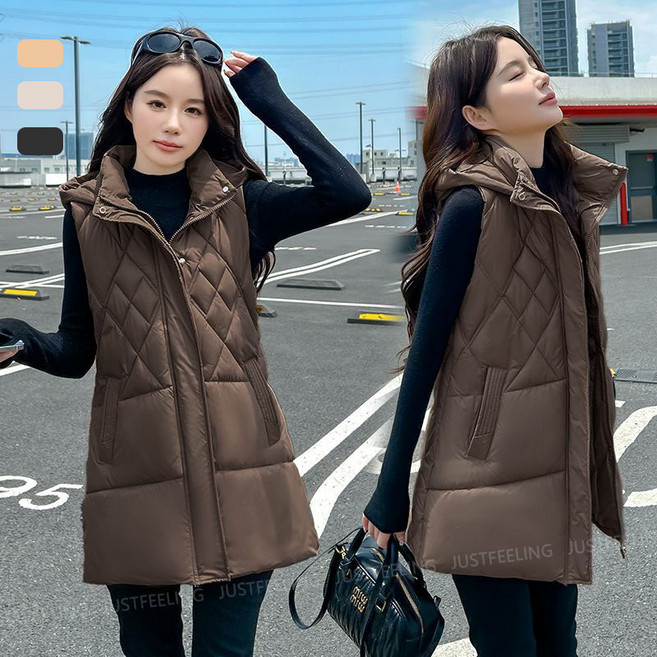 JUSTFEELING 80kg까지 루즈핏 후드 패딩조끼 날씬해보이는 하프패딩조끼 슬림핏 따뜻한 아우터 방한 보온 솜패딩 베스트 넉넉한 충전재 민소매 솜패딩코트
