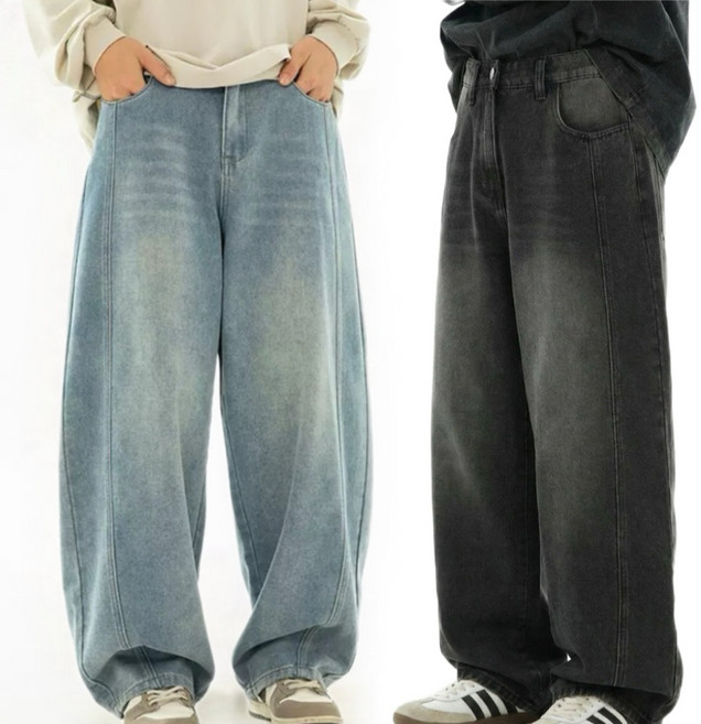 투나이언 남성용 허리 뒷밴딩 벌룬 와이드 데님 팬츠 빈티지 워싱 청바지