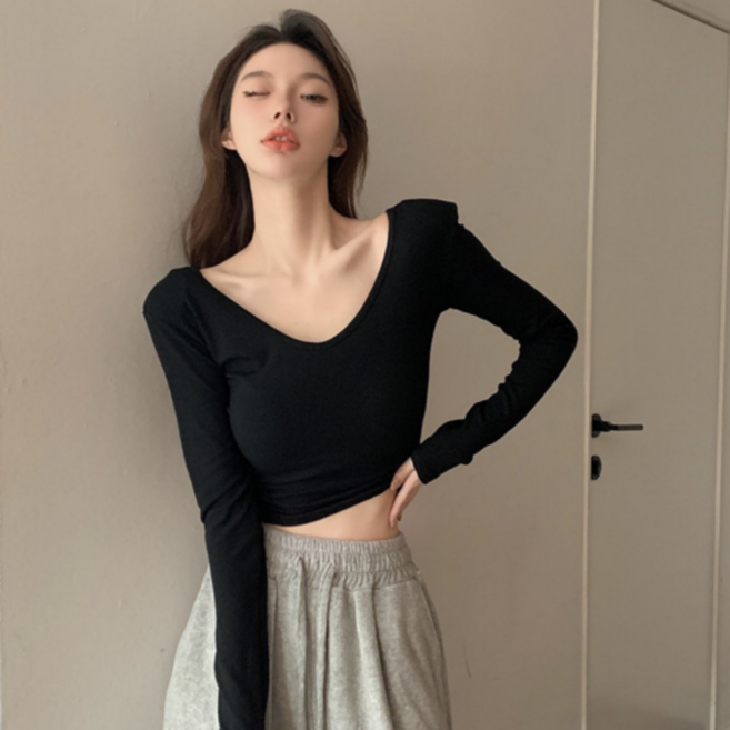 유니크코코 어깨패드 슬림 크롭 긴팔 티셔츠 5845