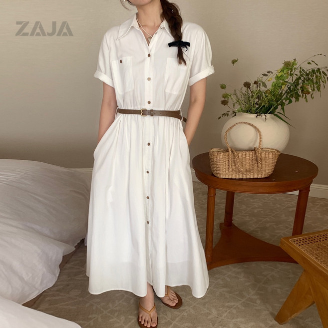 ZAJA 여성 캐주얼 허리라인 롱 셔츠 원피스 여름 슬림핏 데일리룩