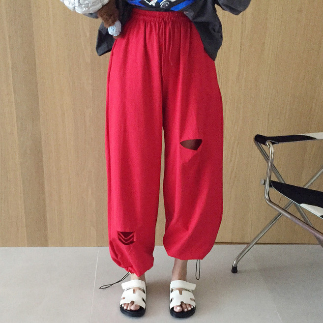 [아이미마인] 피버 하이웨스트 찢어진 컷팅 스트링 와이드 조거 투웨이 밴딩 면 트레이닝 팬츠 (3color)