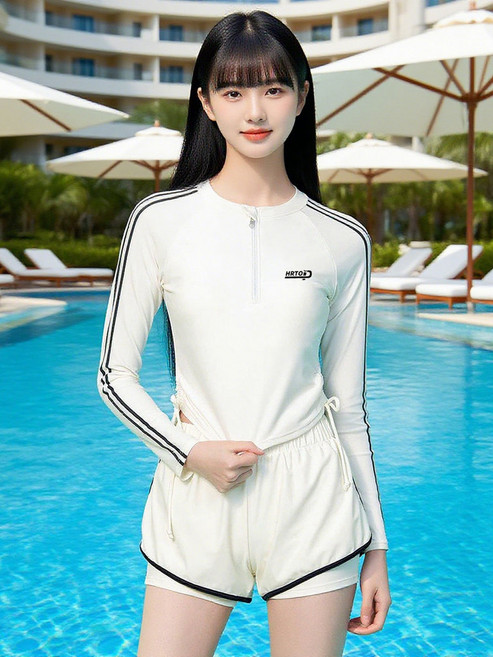 分體泳衣女泡溫泉2024新款保守顯瘦遮肚長袖運動游泳館專用, 米色,M