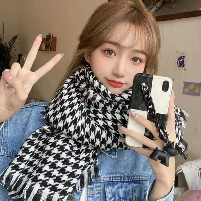 여성 체크 스카프 봄가을겨울 베이직 목도리 남성 사계절, 베이지