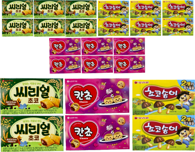 오리온제과 초코송이 72그램 + 롯데제과 칸쵸 108그램 + 롯데제과 씨리얼 초코 84그램 (판매원 주식회사 씨엠몰), 264g, 4세트