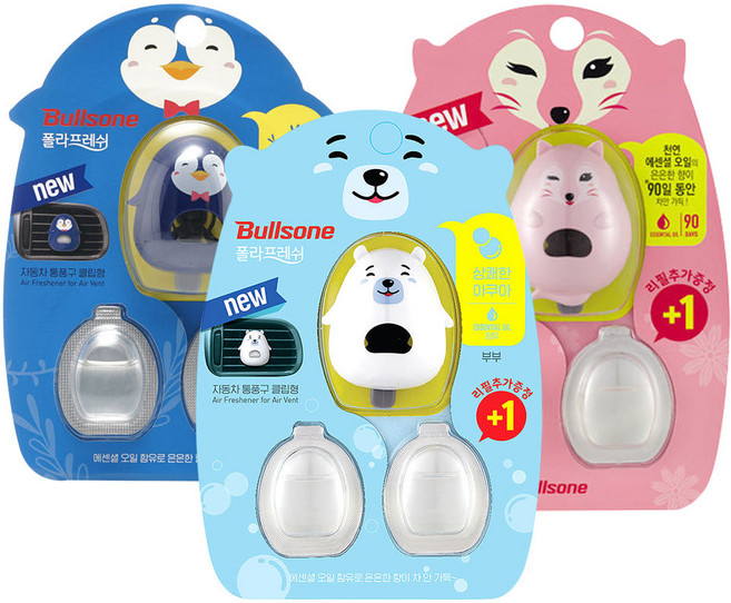 불스원 차량용방향제 통풍구형 본품1P+리필2P, 쿨허브향(펭귄), 1개