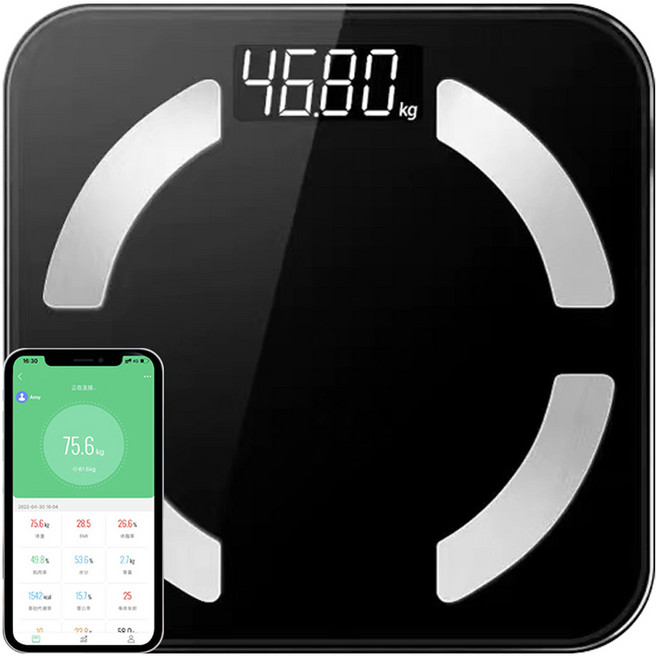 체중계 스마트 체성분 측정기 블루투스 체지방계 가정용 체중계, 1개, 검정색, FH