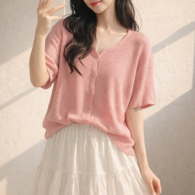 nanalshop 55~99 엄청난 신축성 여성니트 반팔가디건 반팔티 로운드 니트 오버핏 반팔 니트