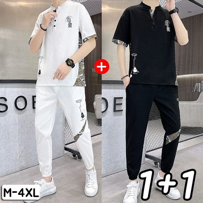 YLEMI 1/1+1 빅사이즈 남성 여름 시원한 M-4XL 캐주얼 반팔티 + 밴딩바지 상하의