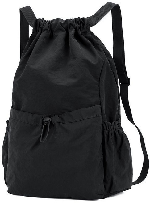 雙肩揹包 書包 男女學生 戶外時尚輕便 大容量防水 抽繩運動布袋, 黑色, 1個