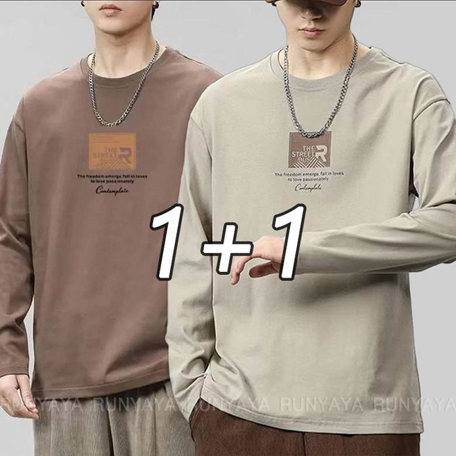 1+1 프린트 면티 남자 긴팔 티셔츠 봄 여름 가을 티셔츠 라운드넥 루즈핏 티셔츠 빅사이즈 남성긴팔티 D99U