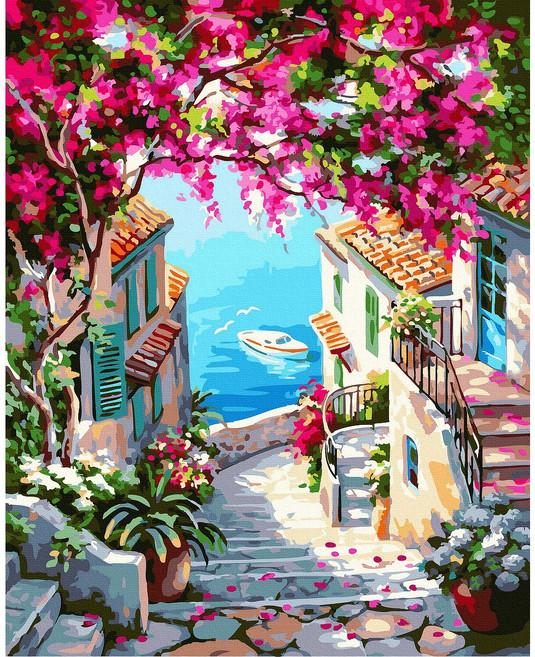 대형 명화 그리기 DIY 60X75cm 유화 캔버스 세트 거실 인테리어 그림 150종, H.풍경, H021.꽃피는바닷가마을, 1개, H021.꽃피는바닷가마을