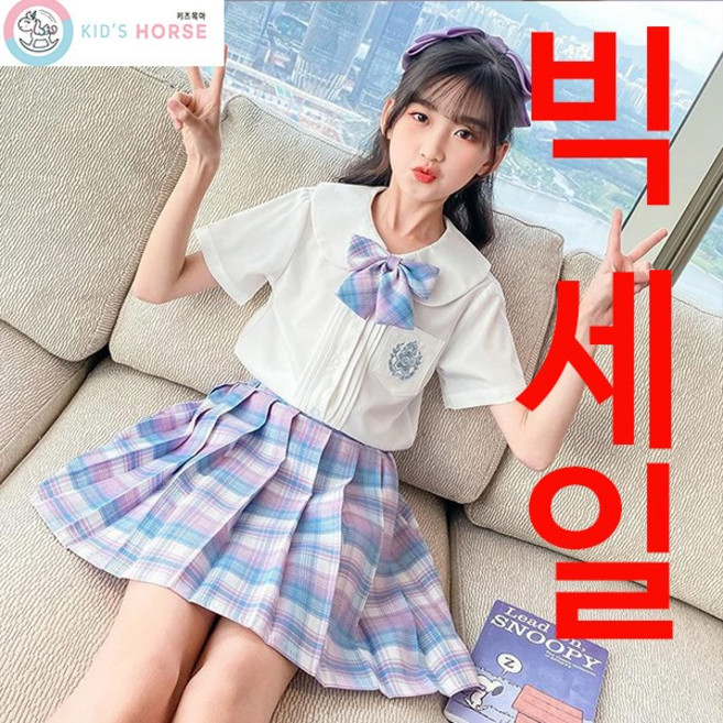 키즈목마 여아용 별왕관 반팔 셔츠 타이 치마세트 스쿨룩 주름스커트